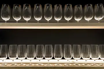 two shelves of wine glasses all clean, laid out regularly and well lit from below